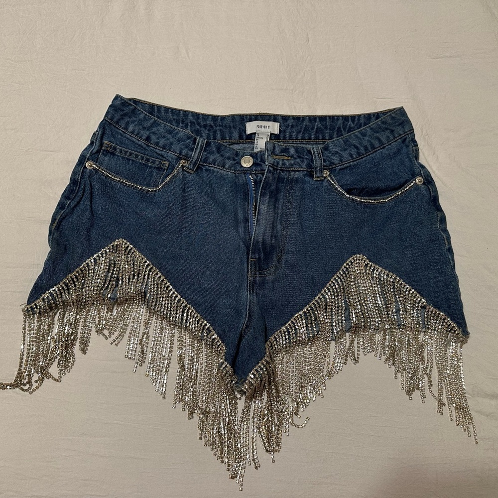 Denim Shorts with Chain Rhinestones